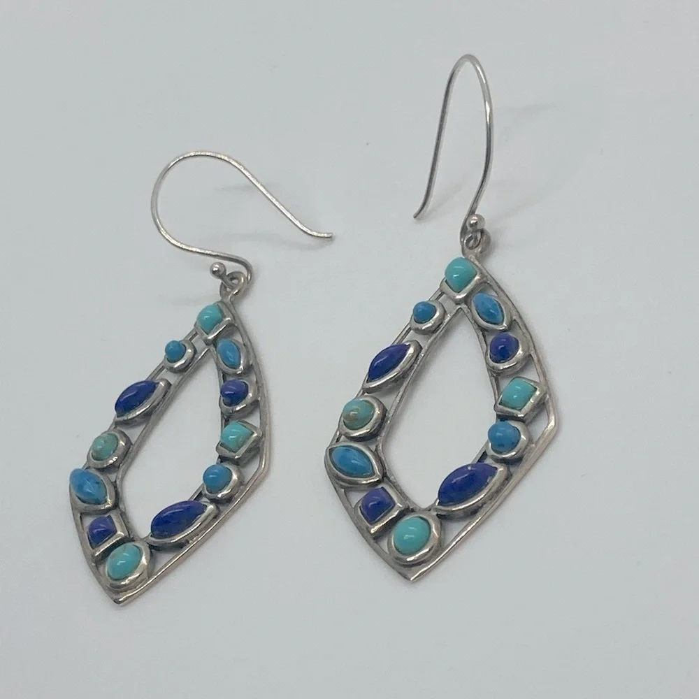 Vtg 925 Sterling Silver & Multi Colour Blue Turqouise Dangle Earrings | 2.2” - Picture 4 of 13